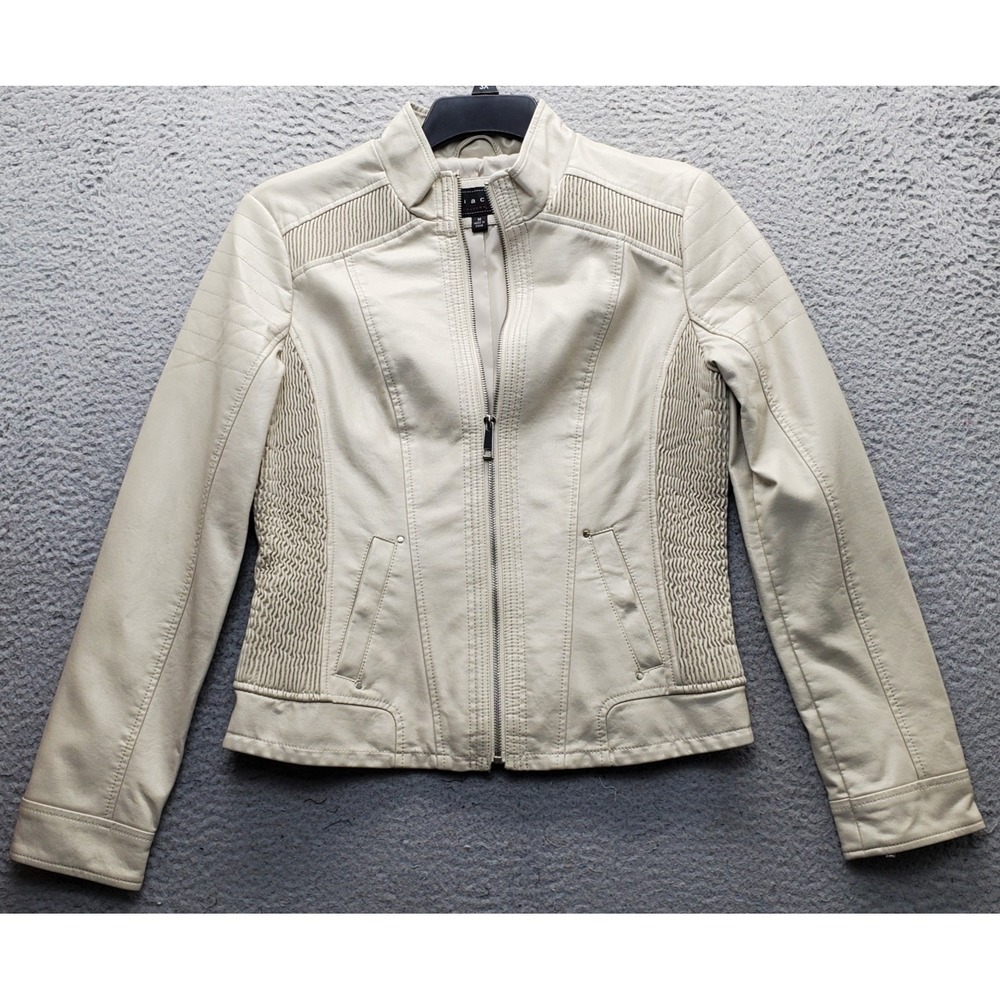 Giacca Gallery Biker Motorcycle Jacket Womens Medium Tan Faux-Leather Full Zip